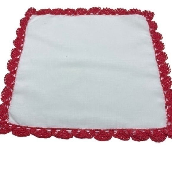 Vintage Handkerchief Handie Red Crochet Trim White Red 12in x 12in - Picture 2 of 3